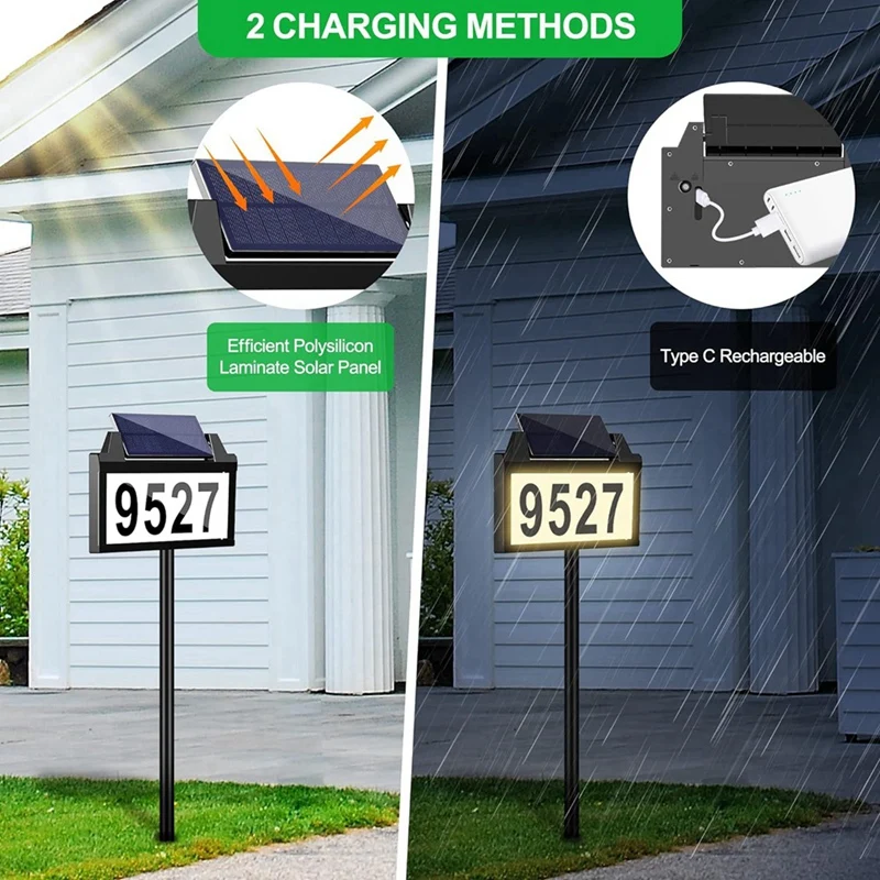 Solar Power Address Sign, House Numbers For Outside Rechargeable LED Illuminated Lighted Address Signs With Outdoor