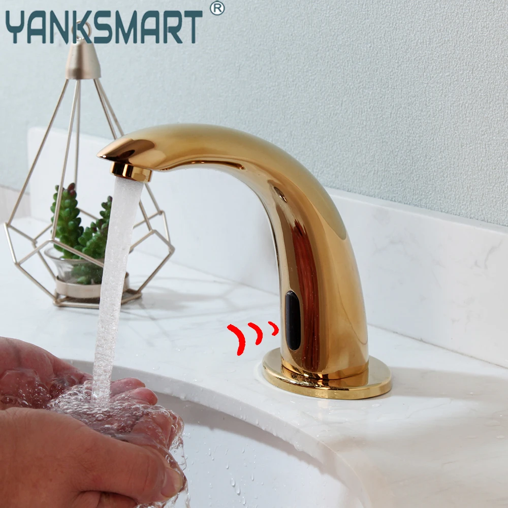 

YANKSMART Gold Polished Bathroom Induction Faucet Sink Spray Tap Brass Classic Basin Deck Mounted Open Quickly Mixer Water Tap