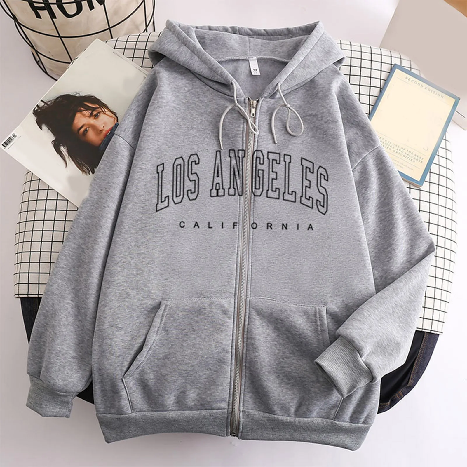 Los Angeles Letter Print Zip up Harajuku Hoodies Jacket Women Casual Oversized Sweatshirt Female Streetwear Pockets Hooded Coats