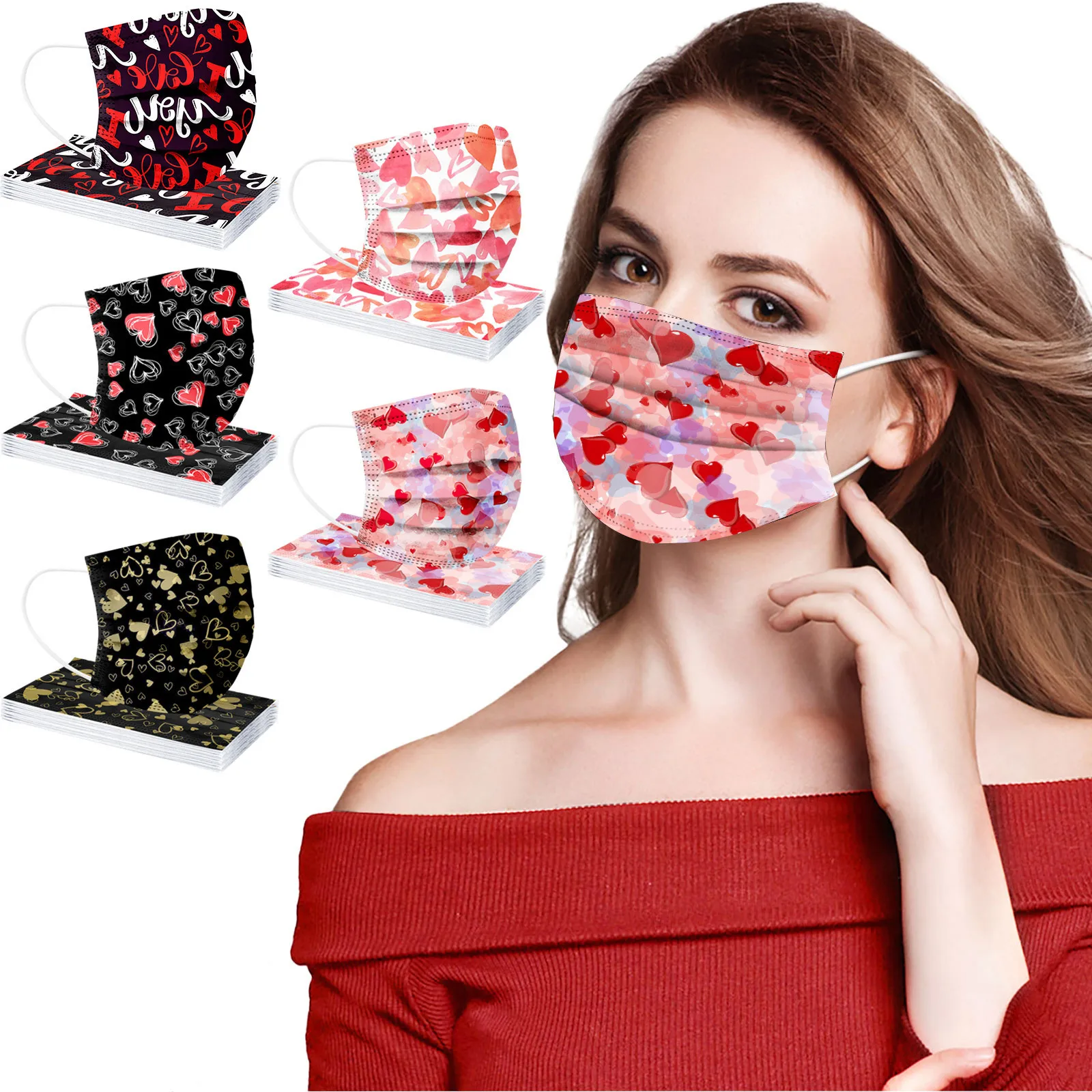 Heart Print Face Mask Valentine Party 3d Disposable Mask For Adult Woman Cute Love Pattern Protective Face Covering Colorful T1