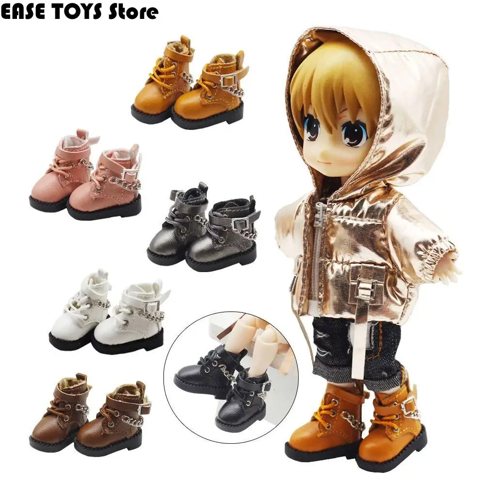 

1 Pair PU Leather OB11 Doll Shoes Mini Chain Boots Bjd Doll Chain Shoes High-heeled Casual 1/12 Bjd Doll Shoes Kids Gifts