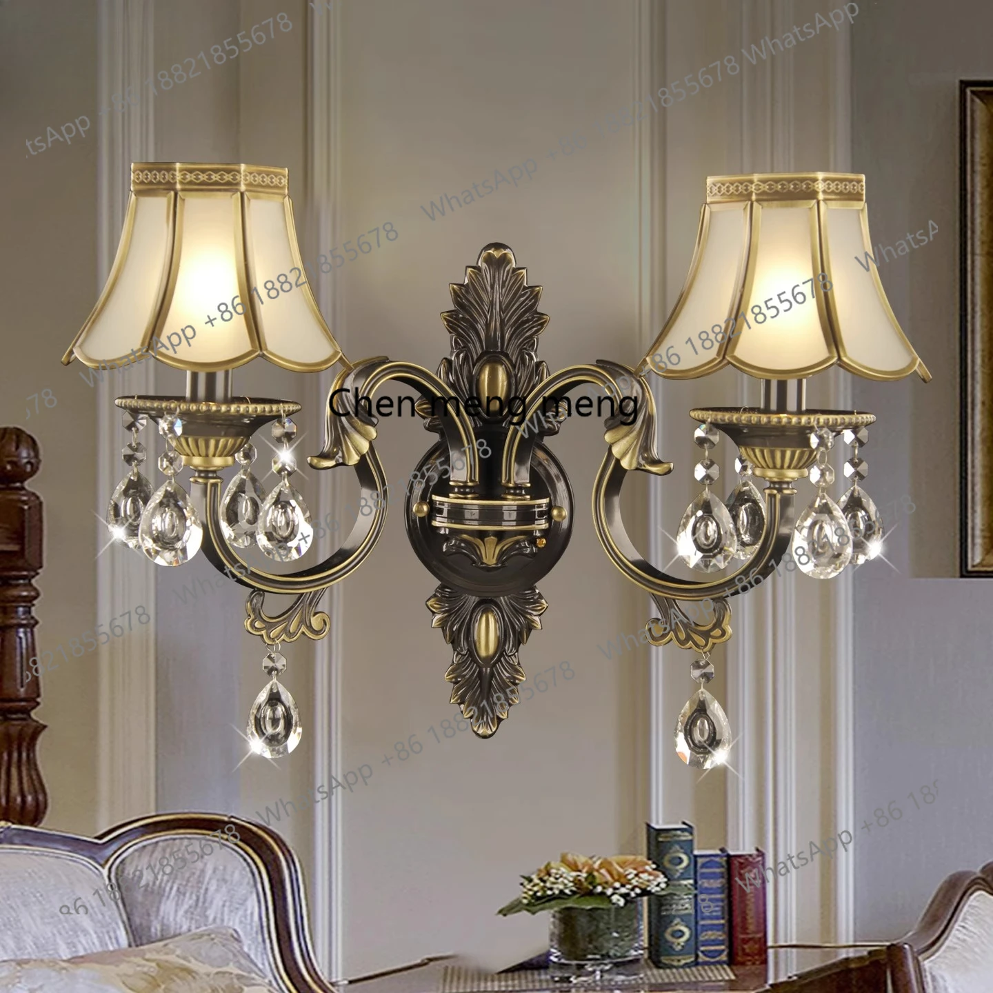 Tout cuivre noir or poli salon salle à manger lampe en cristal atmosphère européenne double tête escalier couloir applique murale