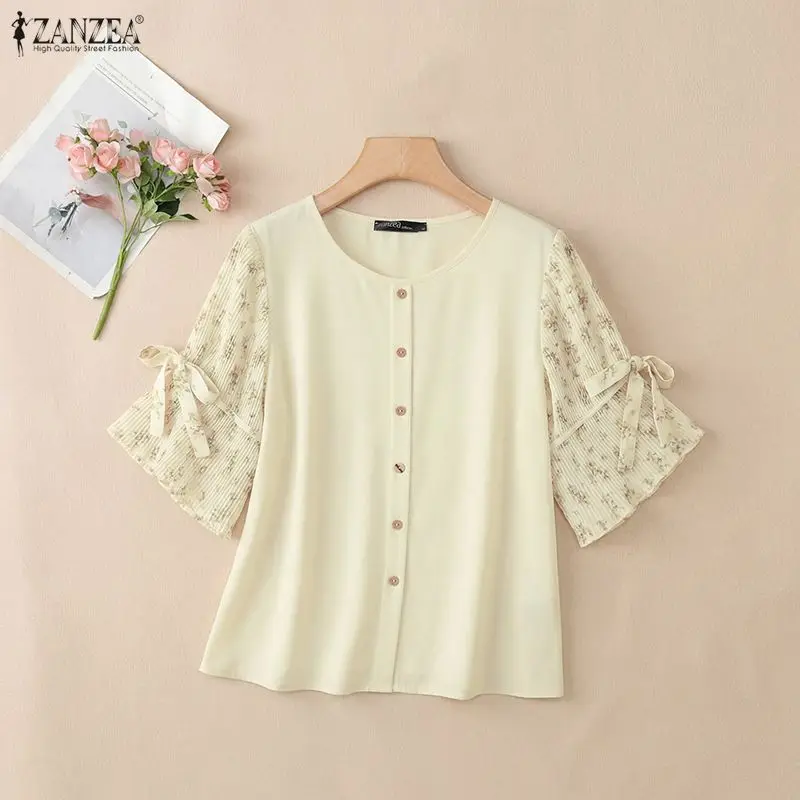 2026 ZANZEA Summer Elegant Work Blouse Floral Patchwork Shirt Women Casual O Neck Short Sleeve Tops Pleated Blusas Mujer Femme
