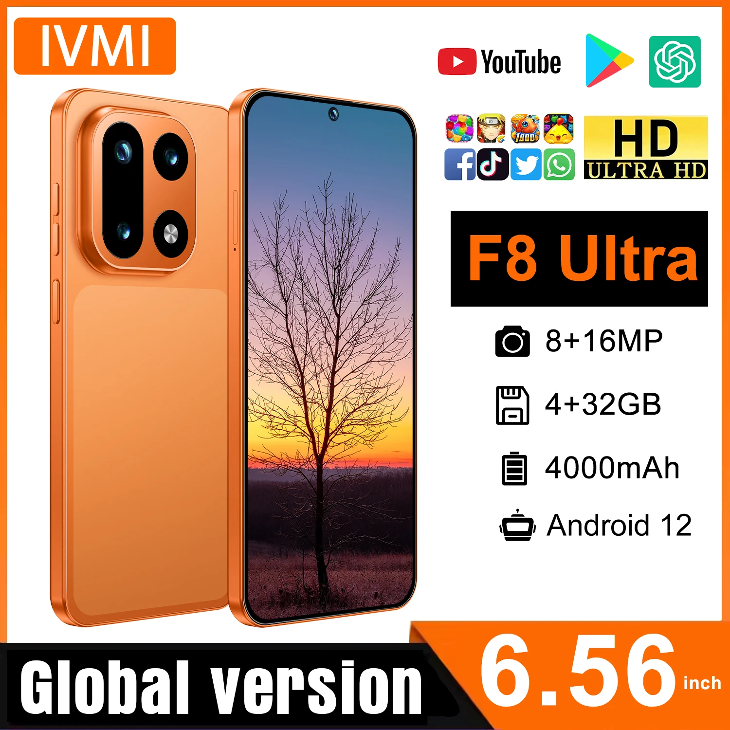 IVMI F8 Ultra Smartphone 6.56Inch Android 12 4GB RAM 32G ROM Face ID 4000mAH Battery Google Play Store Wifi Mobile Phones