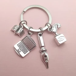 Hot sale laptop keychain fashion book pen ink key ring learning keychain teacher student jewelry teacher's day jewelry gift