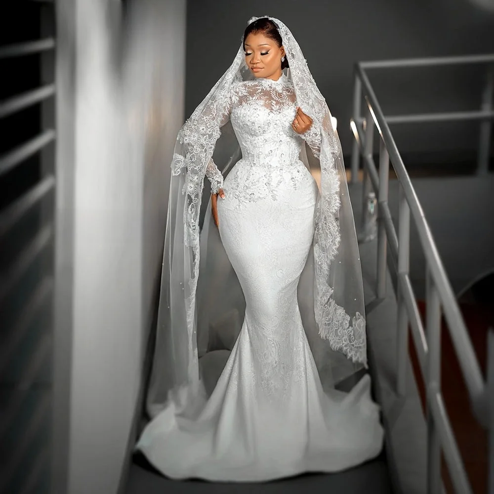 Suknia ślubna z wysokim dekoltem, zdobiona aplikacjami i koralikami, Vestido De Casamento, długi rękaw, vintage.