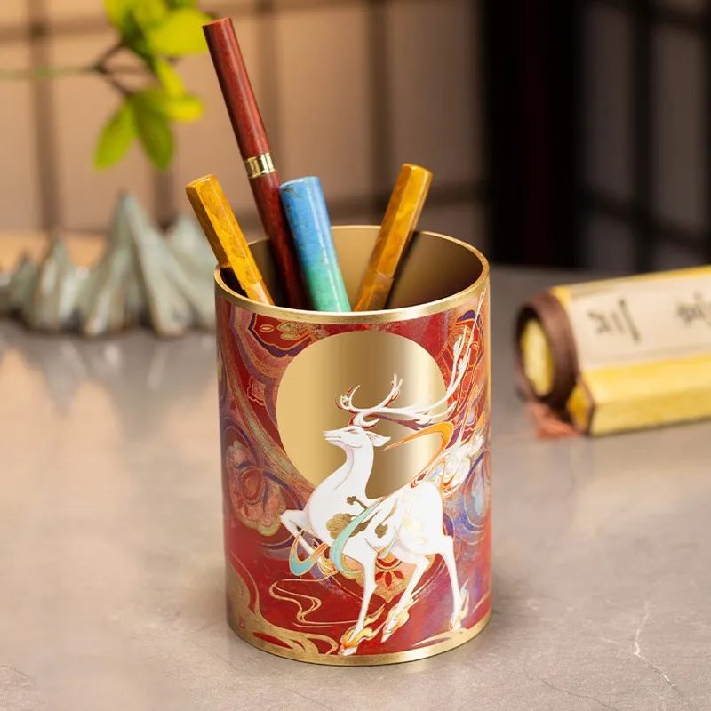 Zhu Bingren Copper Deer King Auspicious Brush Pot Desktop Craft For Study Office Living Room Back‑to‑School Home Gift