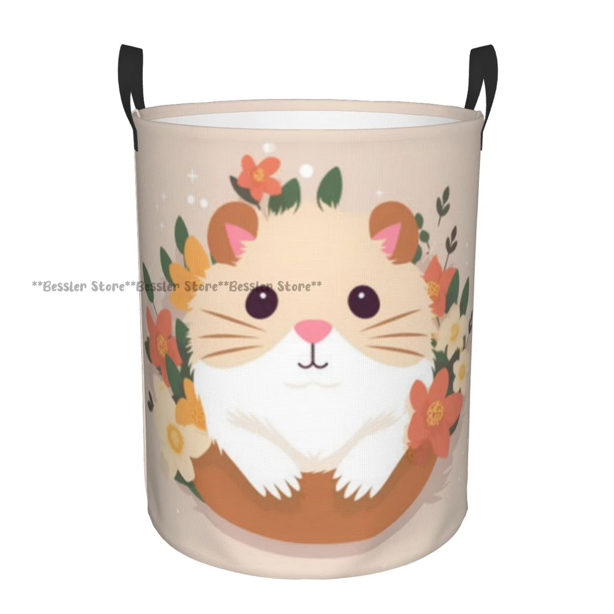 Laundry Basket Cute Hamster Cartoon Style Round Storage Bin Collapsible Hamper Clothes Bucket Organizer