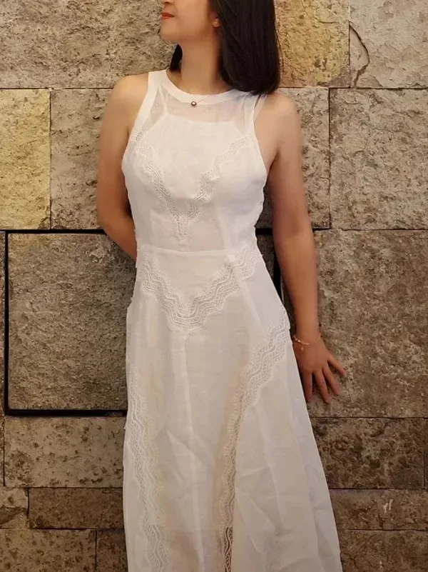 Vestido sin mangas blanco con costuras de encaje para mujer, vestido largo francés elegante sin mangas con cintura ceñida