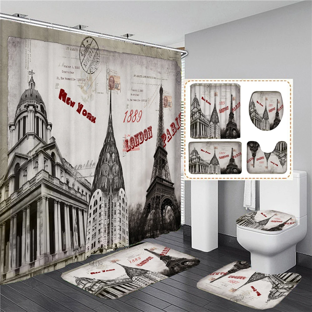 Vintage Scenery Paris Tower Home Decor Waterproof Shower Curtain Set with 12 Hooks Toilet Covers Bath Mats Bathroom Non-slip Rug