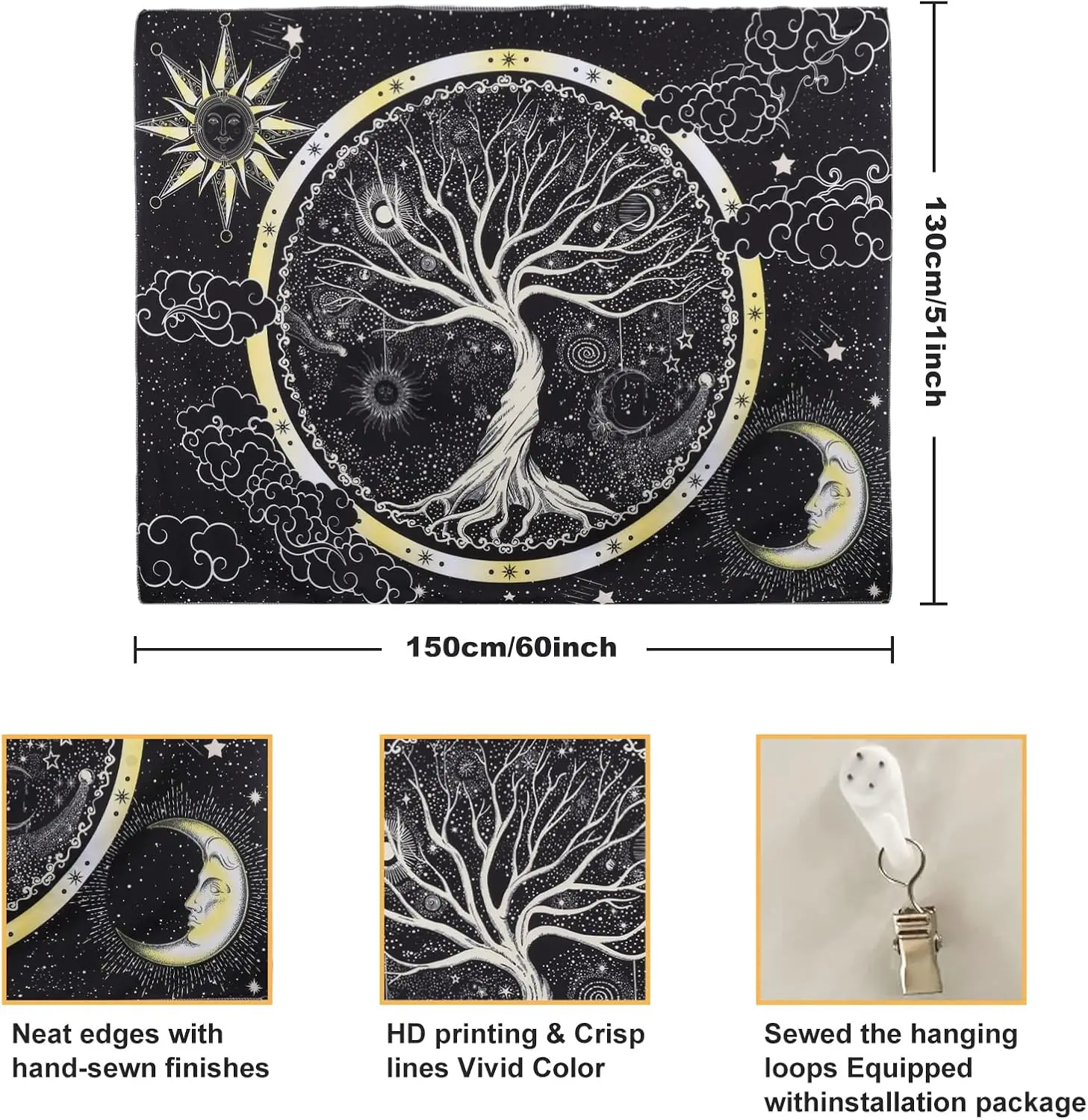 Tree of Life Sun Moon Stars Tapestry with Black Background and Cosmic Design for Mystical Bedroom Living Room Home Wall Decor