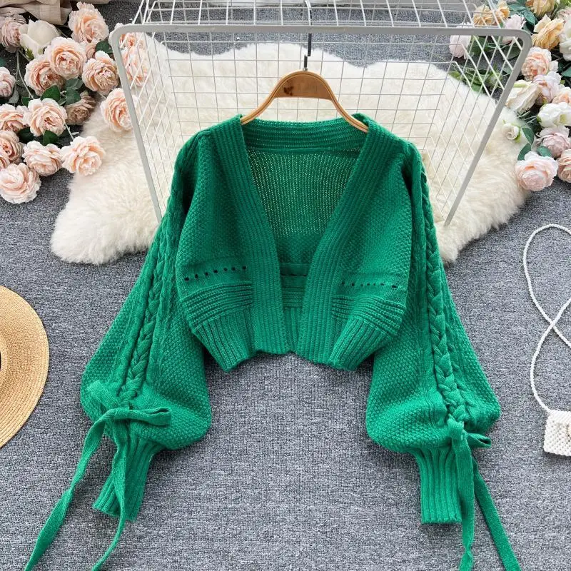 Green Casual Acrylic Knit V-Neck Lantern Long Sleeve Lace Up Women\'s Cardigan Sweater Short Cardigan For Women Clothing 2024