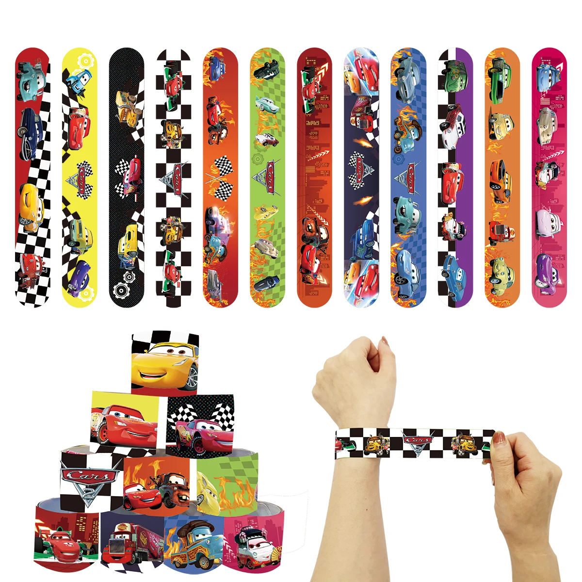 10/30pcsDisney Cars McQueen Slap Bracelets for Kids Black and White Grid Bulk Wristbands Birthday Party Decor Boys Party Gifts