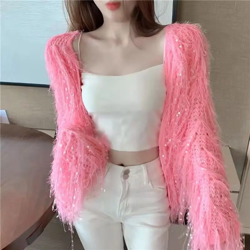 Fashion Women Cardigan Coat Cute Tassel Knitted Outerwear Coat Batwing Sleeve Sequin Sweater Fur Jacket