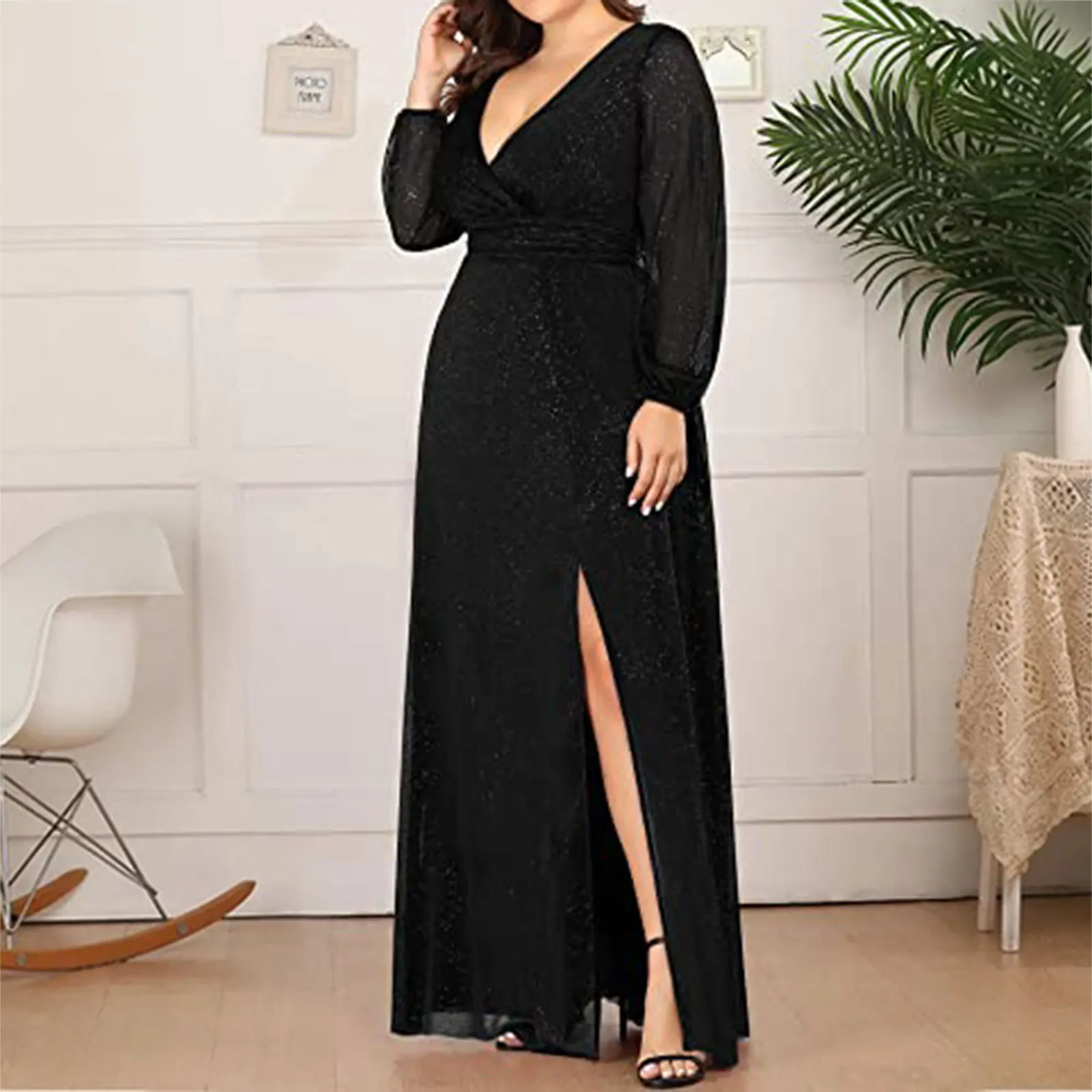 2024 New Sexy V-Neck Long Sleeve Slit Dresses Fashion Plus Size Women Elegant Mesh Splicing Solid Color Evening Party Dresses