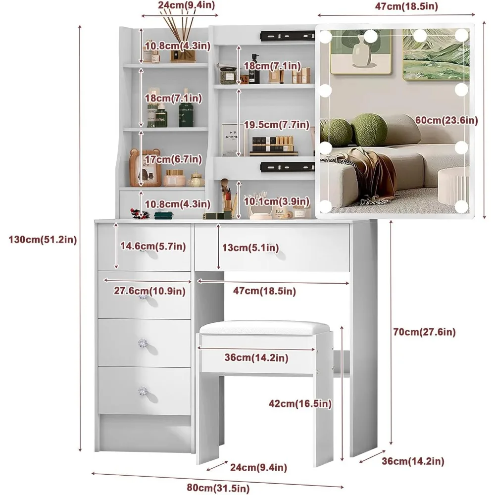 مكتب زينة للمكياج بمرآة مضيئة مع كرسي وأدراج تخزين #3