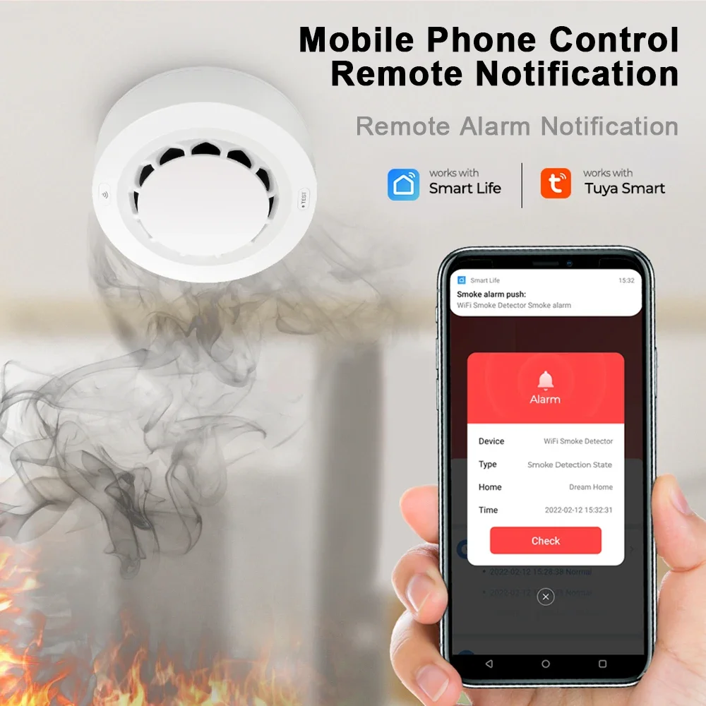 Tuya WiFi Smoke Alarm Fire Smoke Protection Detector 80dB Combination Smokehouse Fire Alarm Home Security System Firefighters