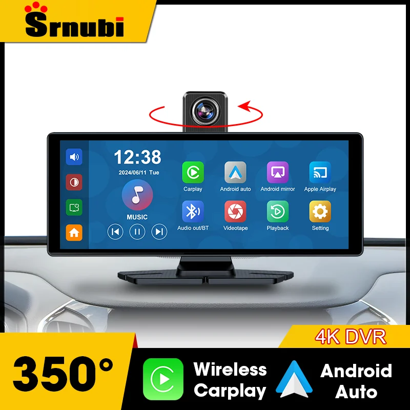 Universal 10.26\'\' 4K 3840*2160 Car DVR Multimedia Wireless Carplay&Android Auto BT AUX Monitor Screen Dashboard GPS Navigation