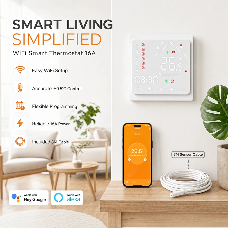 Termorregulador WiFi de parede para aquecimento elétrico de piso radiante ±0.5 ℃ Precisão e Economia de Energia com Sonda de Sensor de Temperatura 3M
