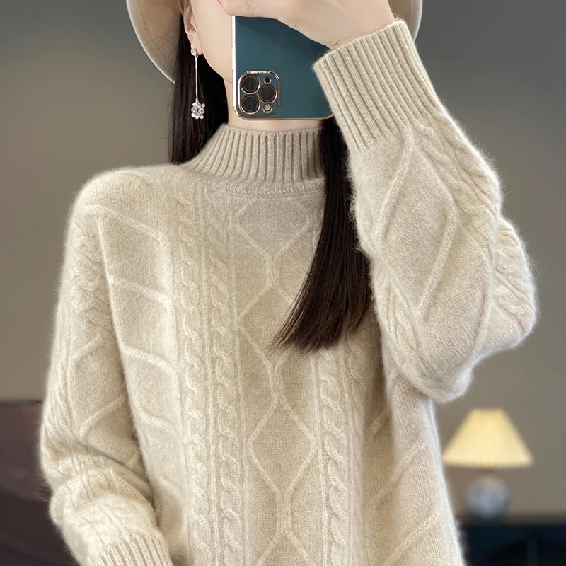 100% sweter z czystej wełny kaszmirowej damski sweter z wysokim kołnierzem na co dzień dzianinowy Top jesienno-zimowa kurtka damska koreańska moda