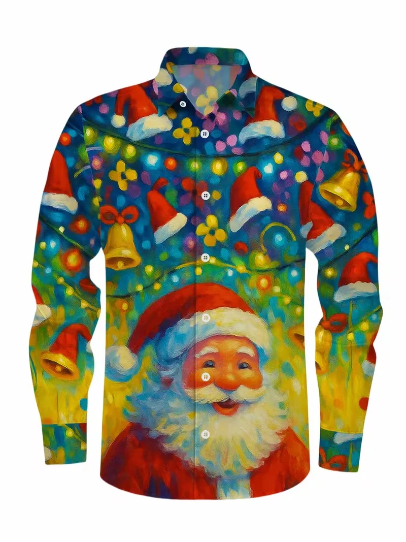 Christmas men's 3D flower printed shirt with gold snowflake pattern long sleeved shirt, fashionable men's shirt
