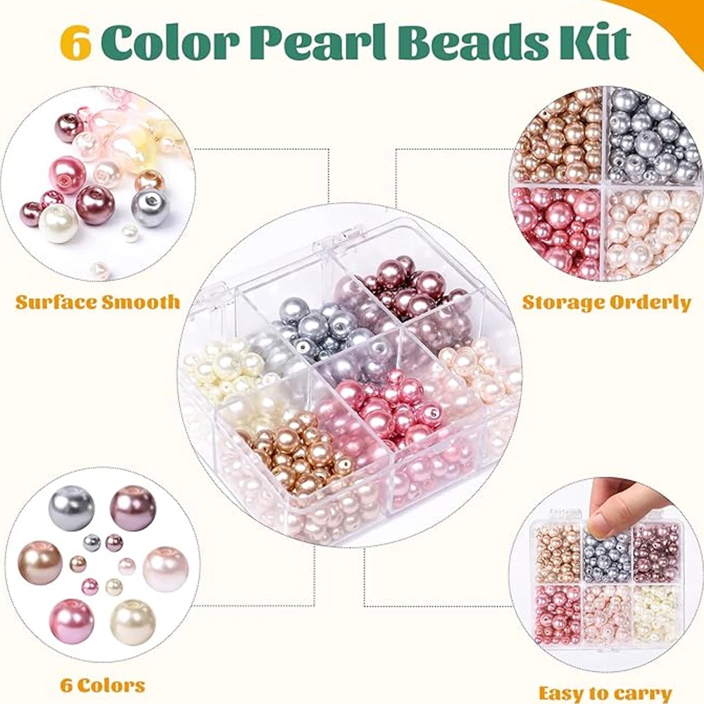 DIY Beads 420 PCS Pearl Beads for Jewelry Making  6 Colors 4 Size DIY Pearl Beads with 2mm Holes, Pearl Beads for DIY Craft Neck