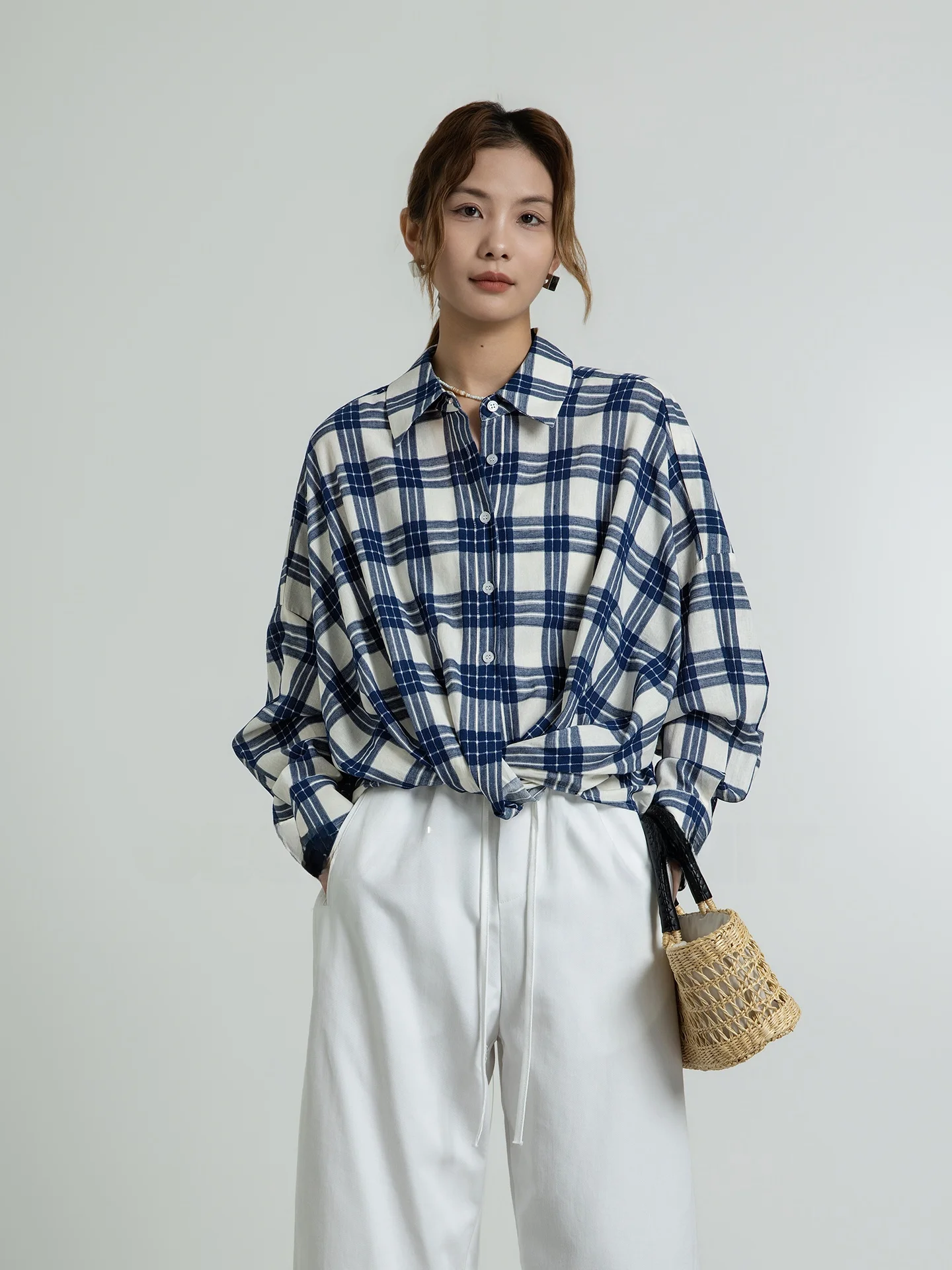 

Retro Geometric Blue White Plaid Knot Long Sleeve Women's Shirt Early Spring Outerwear Top Loose Fit Breathable Cotton