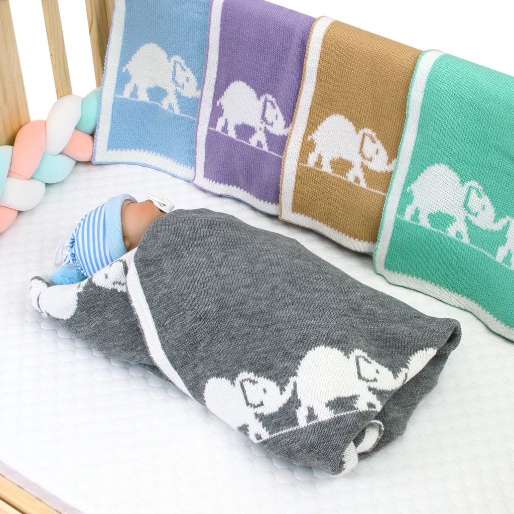 Cute Elephant Knit Baby Blanket Swaddle Wrap Newborn Knitted Plaid Receiving Blankets 2 Side Knit Cute Elephant knit Soft Quilt