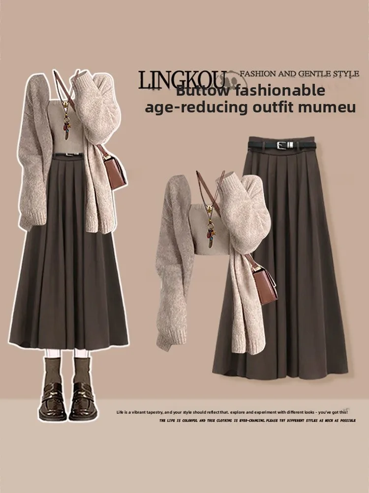 

Elegant Early Autumn College Style Women's Three-Piece Set High Waist Skirt Cardigan Strap High Quality Fashion Ensemble