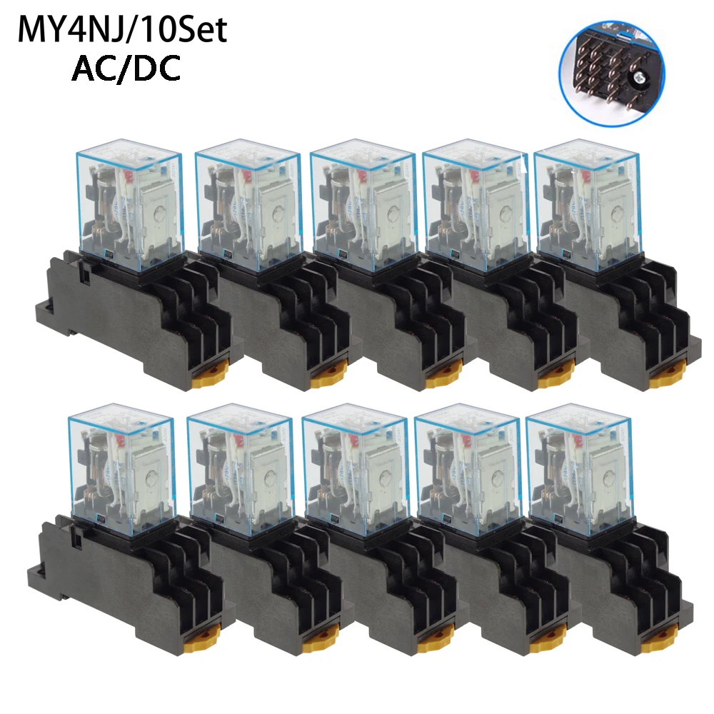 10PCS MY4NJ AC/DC12V 24V 36V 48V 110V 220V 380V  Coil 5A 4NO 4NC Power Relay DIN Rail 14 Pin time relay with socket base