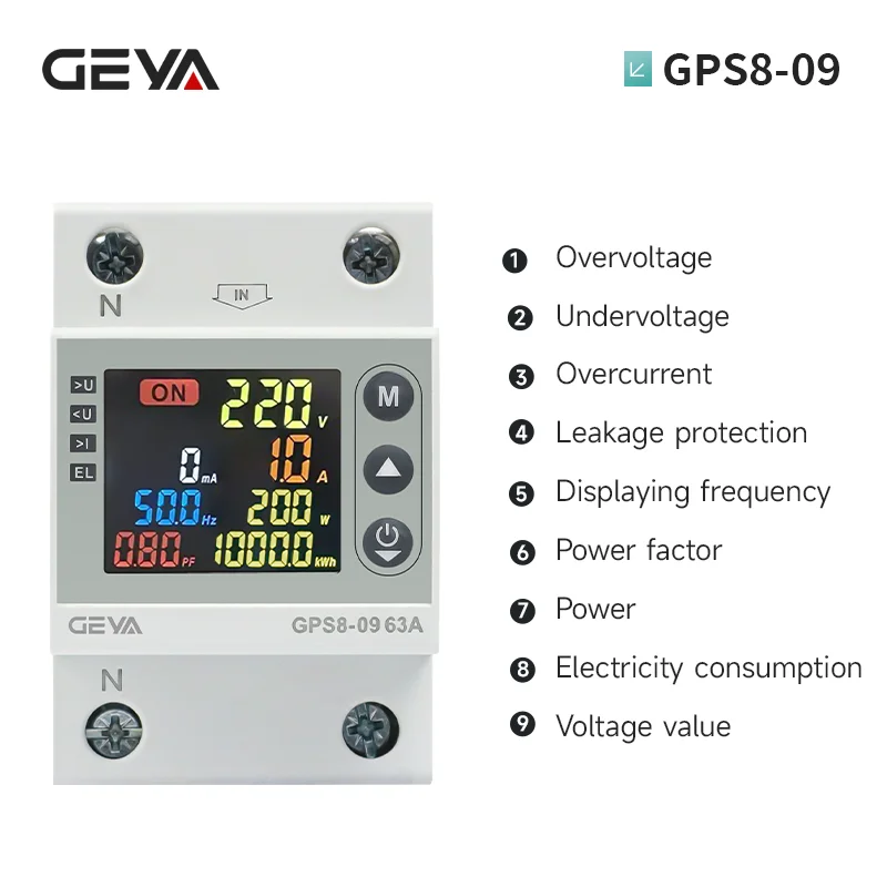 GEYA Smart Power Meter 8in1 Screen Multi-function Energy Power Voltmeter Voltage Amps Watt Kwh Meter Voltage Current Protector