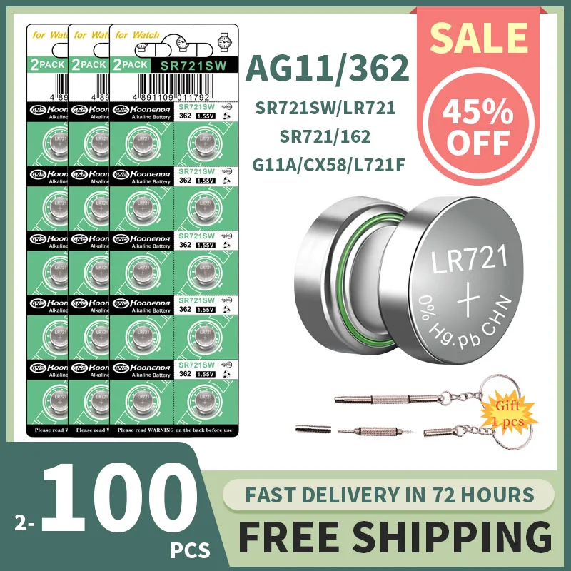 2-100 шт. AG11 SR721SW 1,55 В кнопочный аккумулятор без ртуты — 362/361 для часов, игрушек, пульта дистанционного управления, калькулятора — экологически безопасный щелочной аккумулятор
