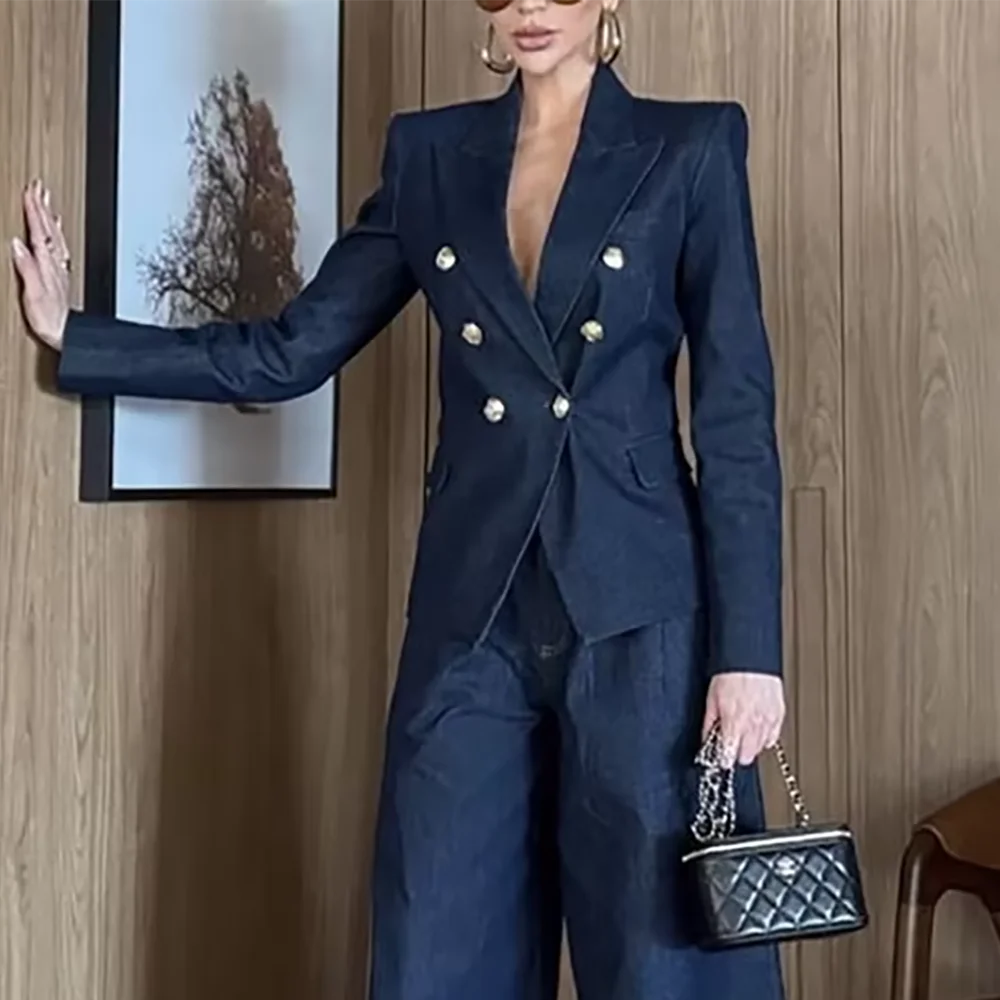 

Dark Blue Denim Suit Two Pieces For Women Peaked Lapel Double Breasted Fashion Blazer Pants Straight High Quality Outfit