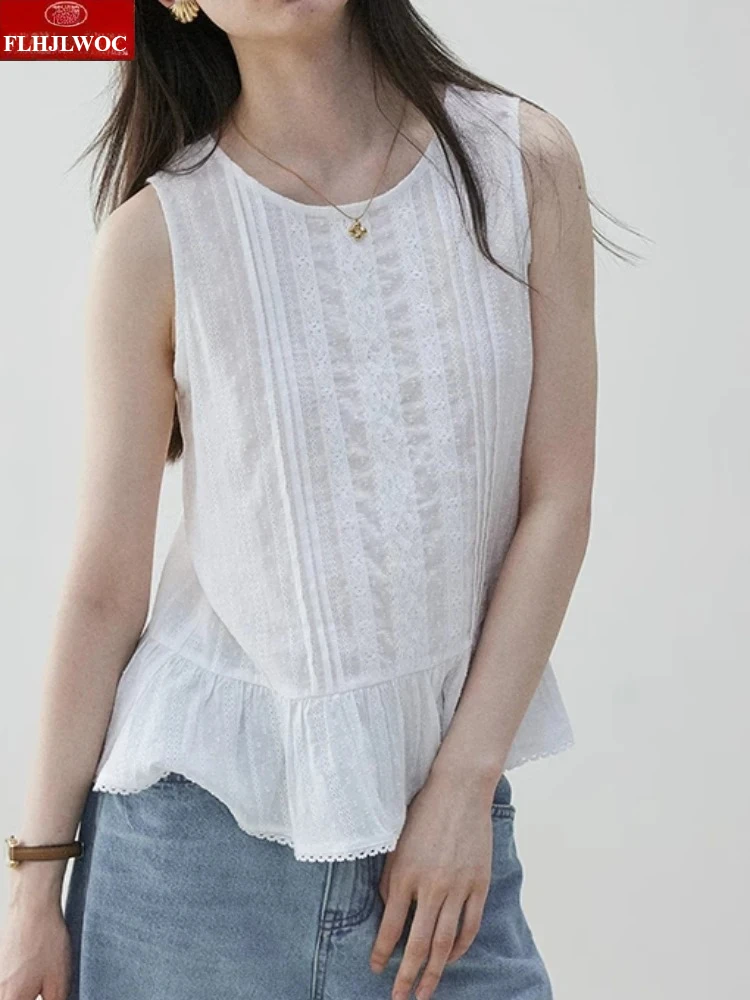 면 혼방 탑 블라우스 귀엽고 달콤한 여성용 2025 여름 민소매 셔츠 화이트 레이스 러플 페플럼 탱크탑