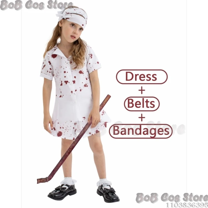 Bebloede Verpleegster Cosplay Kostuum Stille Halloween Hill Driehoekige Zombie Uniform Kinderen Kleding + Riem + Bandage Set