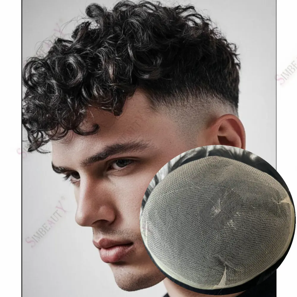 

20 мм/15 мм вьющиеся полные кружевные мужские парики из натуральных волос дышащие кружева мужские капиллярные протезы отбеленные узлы натуральный шиньон