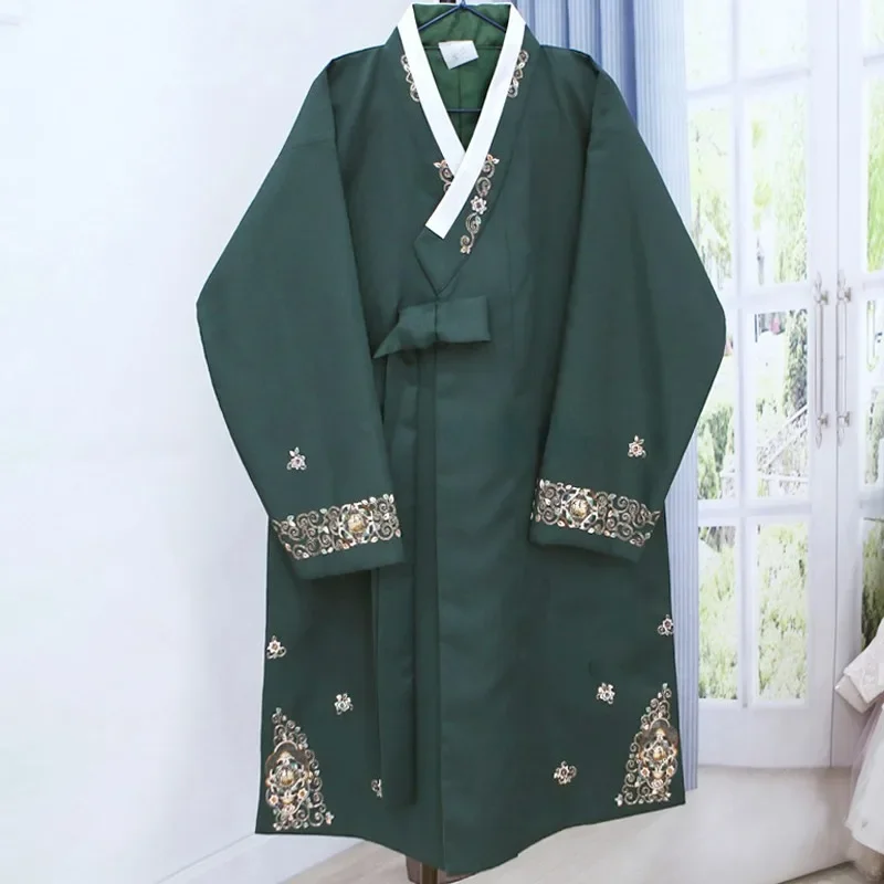 Mens Hanbok Top Solid V-neck Embroidered Hanbok Retro Long Sleeved Vest