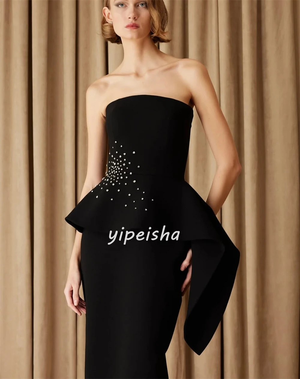 Customized Modern Style Fashion Jersey Rhinestone Ruched Straight Strapless Long Dresses Evening Dresses Matching High Quality