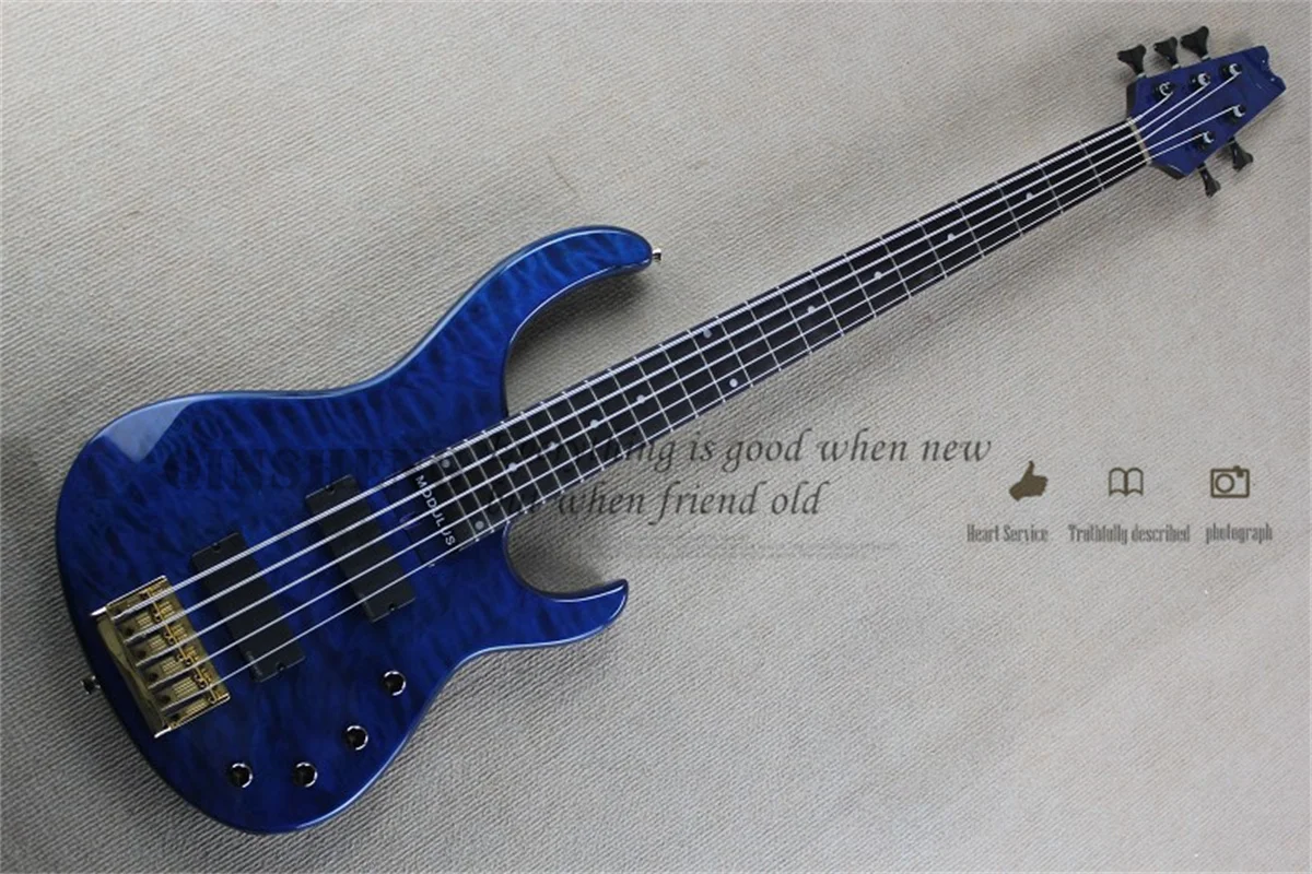 5 String Bass Guitar MOD Bass Ash Body Cloud Maple Top Black Tuner Gold Fixed Bridge Brass Pillow