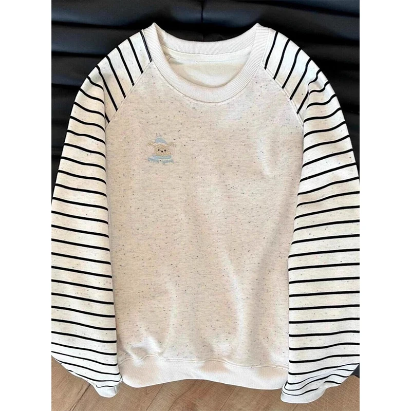 

plus Size Loose Fit Long Sleeve round Neck Striped T-Shirt Women's Spring Autumn Fashionable Korean Style Patchwork Top