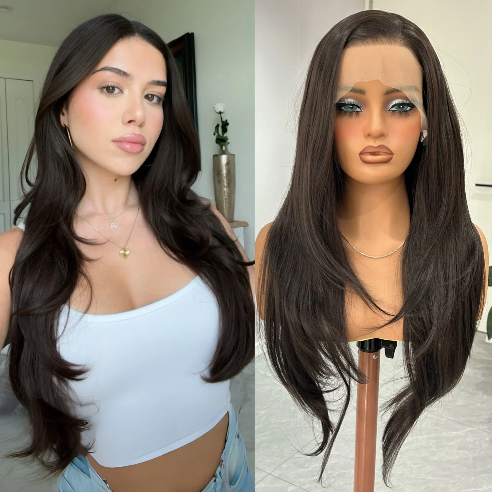 

Dark Brown Long Curly Wavy Layered Cut Synthetic Lace Front Wigs for Women Natural Black Brunette Natural Straight Wave 13X4