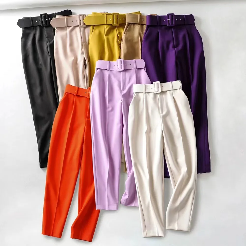 

2025 New Casual Pants Micro-elastic Slim-fitting and Thin Belt Decoration Solid Color Straight-leg Suit Nine-point Pants