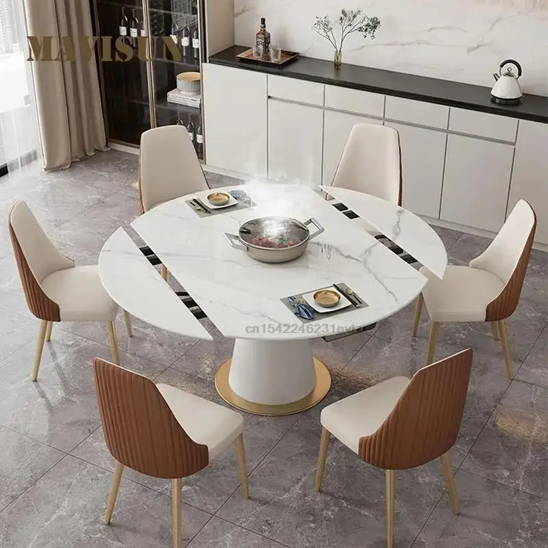 

Cream Color Telescopic Round Dining Table Light Luxury Minimalist Home Furniture Dining Room Furniture