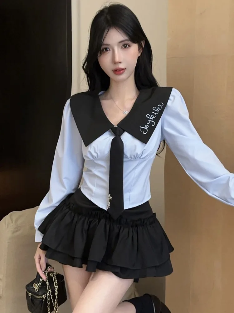 

College Style Jk Uniform Set Women's Spicy High Waist Neck Cuffed Waist Two Piece Set Trendy Short Sleeve Long Pants Skirt