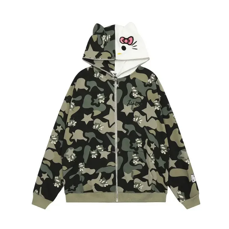 Japanese Y2k Clothing Versatile Hoodies Patchwork Hoodie Full Zip Kawaii Clothes Couple Harajuku Cat Ears Decoration Camouflage