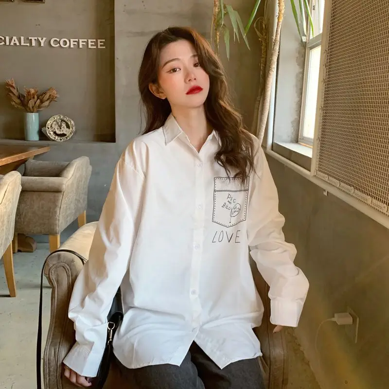 

Fashionable Casual White Long Sleeve Women's Shirt 2025 New Style Versatile Print Loose Fit Trendy Top for Petite Ladies