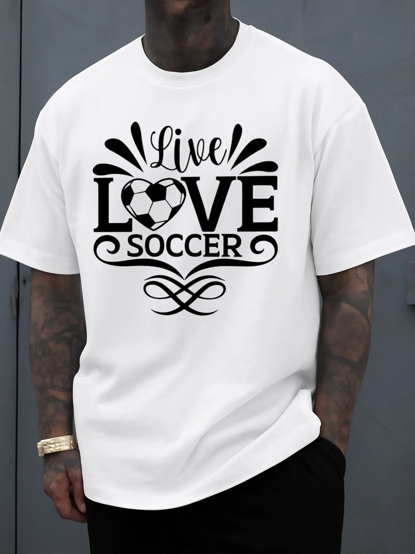 Men's White T-Shirt with Summer Graphics That Reflect the Spirit of Football Suitable for Casual Daily Wear and Outdoor Summer Activities, It Features Breathable Fabric, a Round Neck, and Short Sleeves, Making It an Excellent Choice for Holiday Gifts.