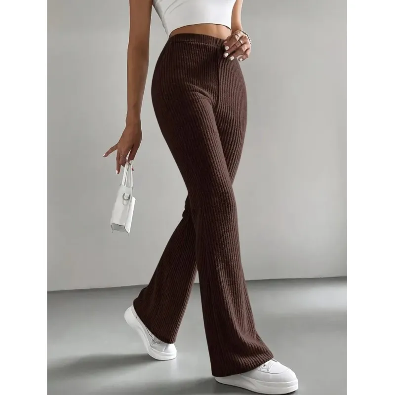 2025 Simple New Rib Knitted Trousers Women's Autumn Solid Color Casual Flared Pants Fashionable All-Match Slim Fit Long Pants