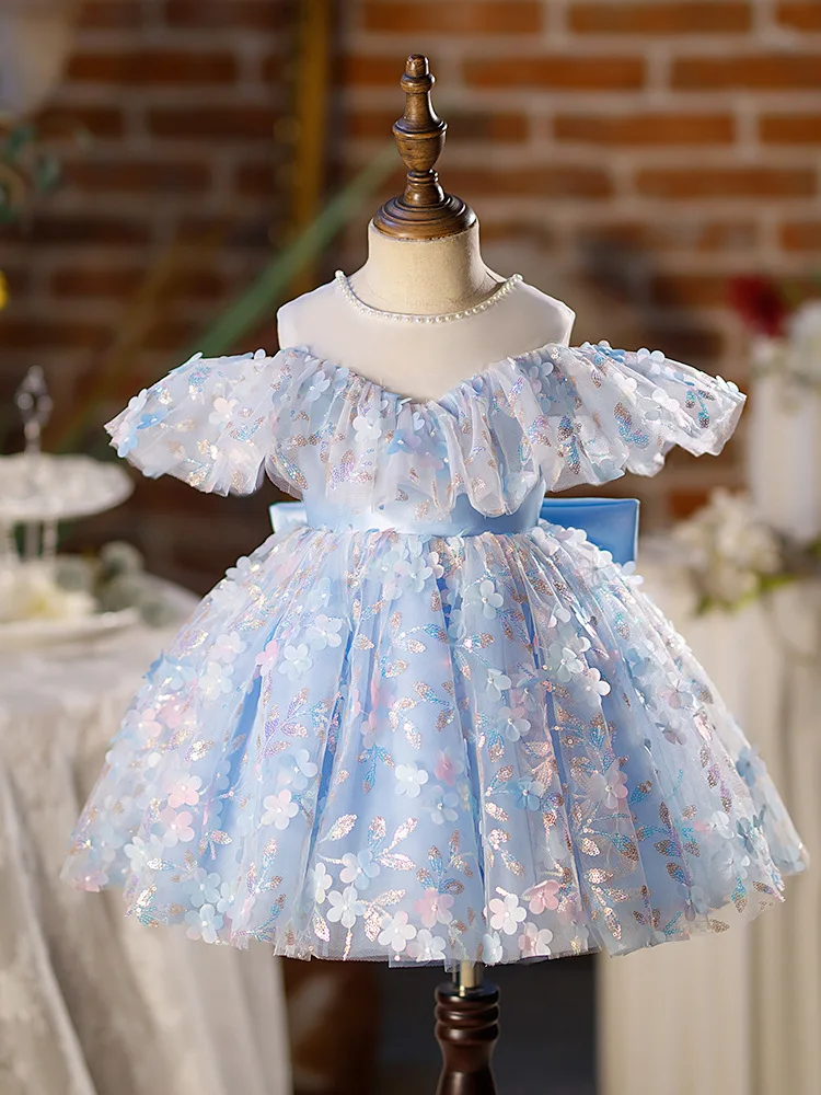 

2023 Evening Wedding Kids Formal Occasion Dress for Little Girls Blue Bow Sequin Short Dresses Prom Pageant Children Eid Costume