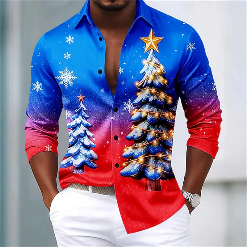 

Новое поступление на Рождество 2025 года, мужская рубашка, повседневная одежда, мужская модная рубашка на пуговицах с длинными рукавами, рубашка с принтом рождественской елки